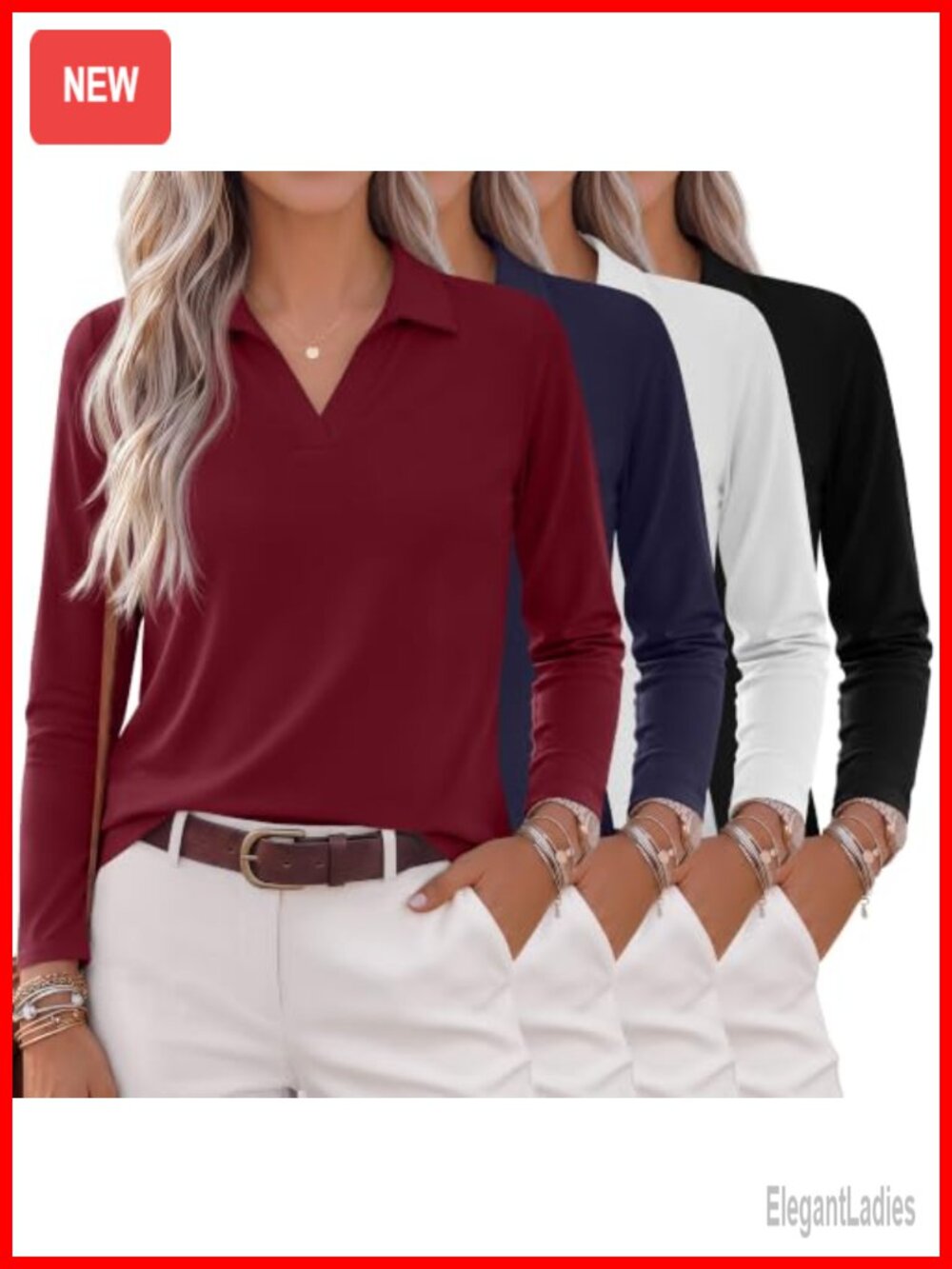 4 Pack Women's Long Sleeve V Neck Polo Tunic Tops Loose Fit Knit